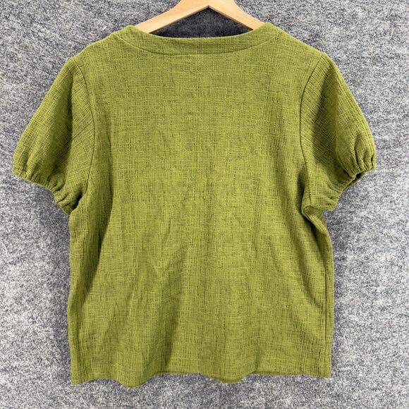 Loft Button Up Top Women L Large Green V-Neck Short Sleeve Cotton Casual Solid - Picture 2 of 7
